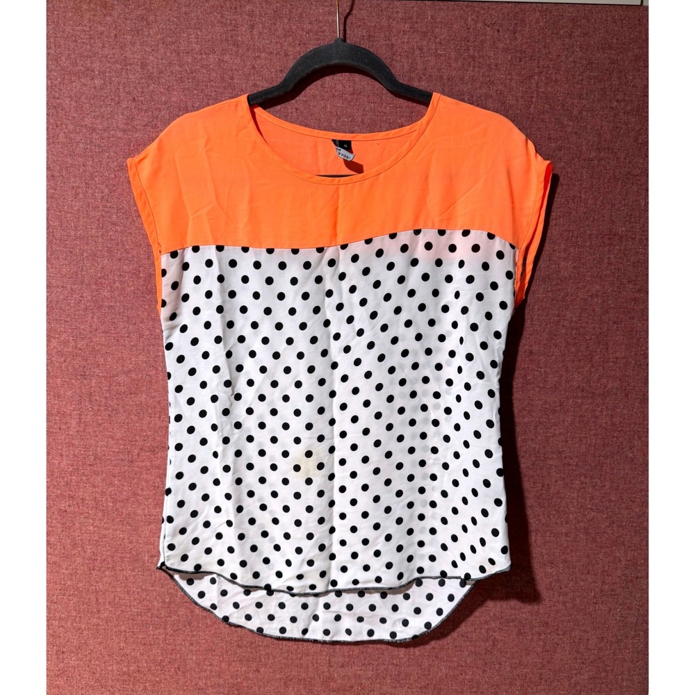 Absolute Angel‎ Polka Dot Blouse Womens S Orange White Cap Sleeve Top Colorblock